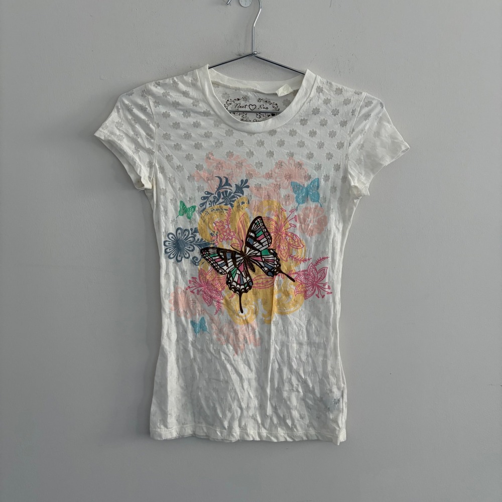 Next Era Butterfly Floral Burnout T-Shirt White Y2K Medium